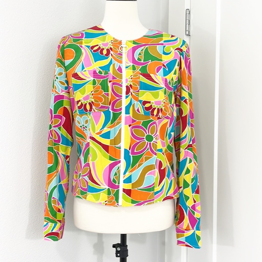 Anthracite by Muse Size 6 Silk Retro Colorful Mod Long Sleeve Zip Up Blazer